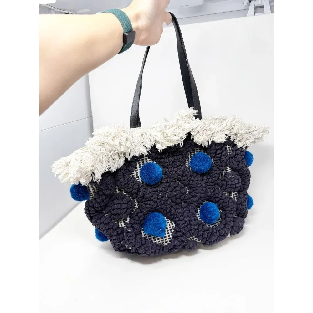 Tory Burch Womens Pom‎ Pom Fringe Canvas Large Woven Tote Bag Double Handle Navy